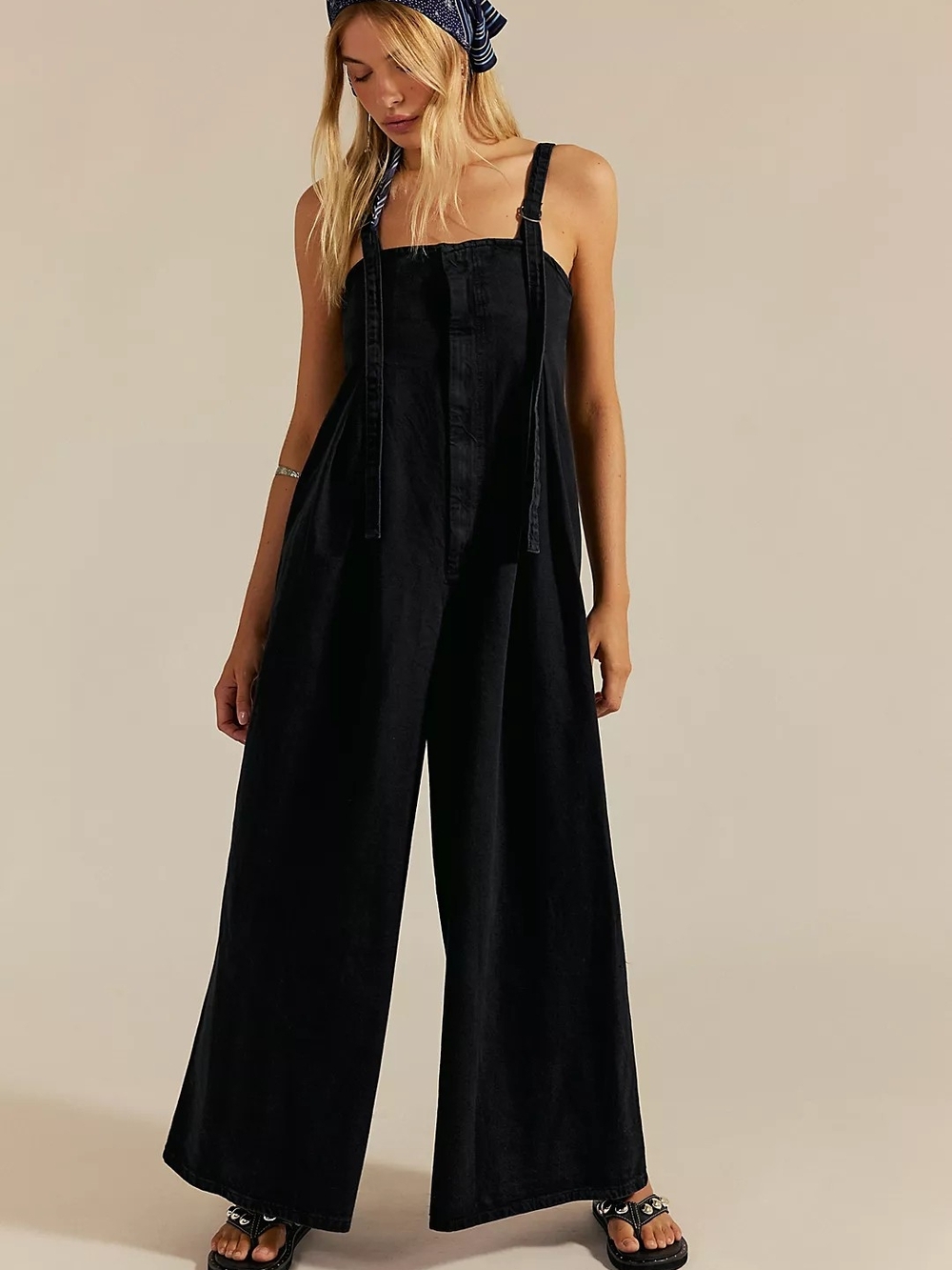 Free People Black Wide-Leg Strap Jumpsuit with Adjustable Ties